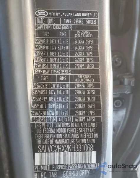 2019 Land Rover Range Rover Evoque Landmark Edition from USA, damaged, VIN SALVC2RX2KH331068